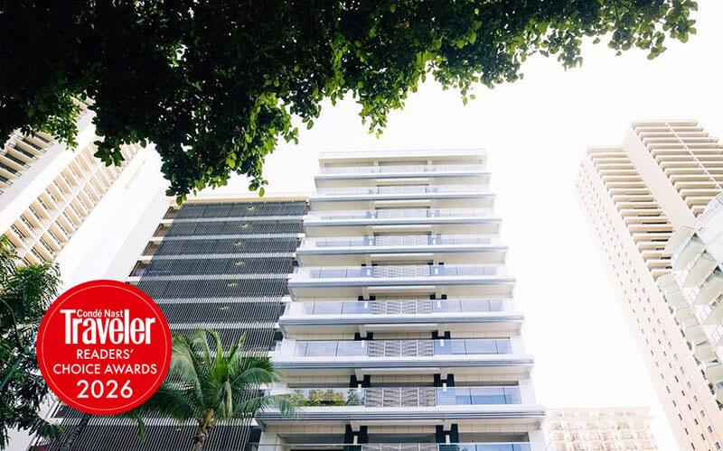 Espacio Waikiki exterior with Conde Nast Traveler badge