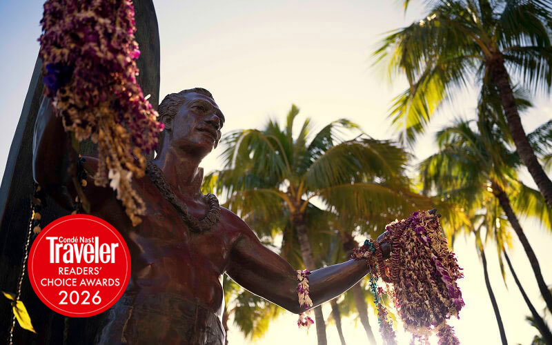 Duke Kahanamoku Statue with Conde Nast Traveler badge